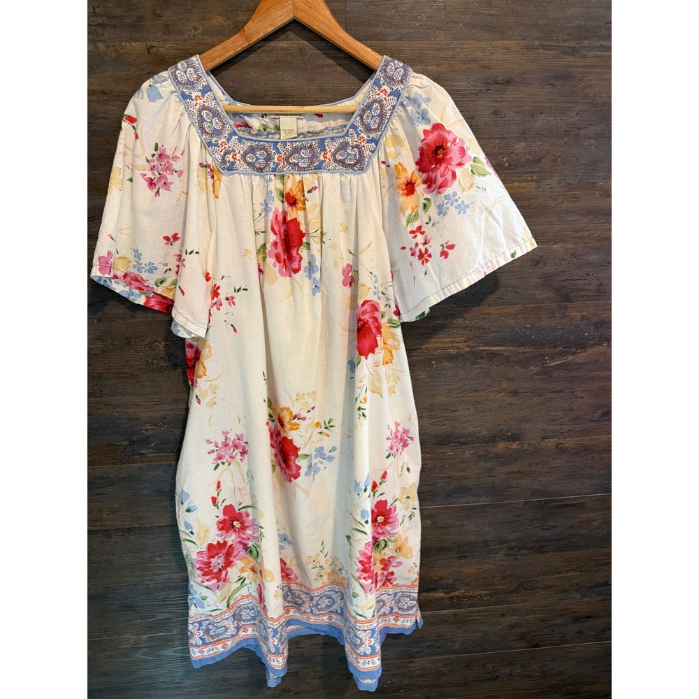 Phases Floral Cotton Shift Dress Womens Large Square Neck Boho Short Sleeve